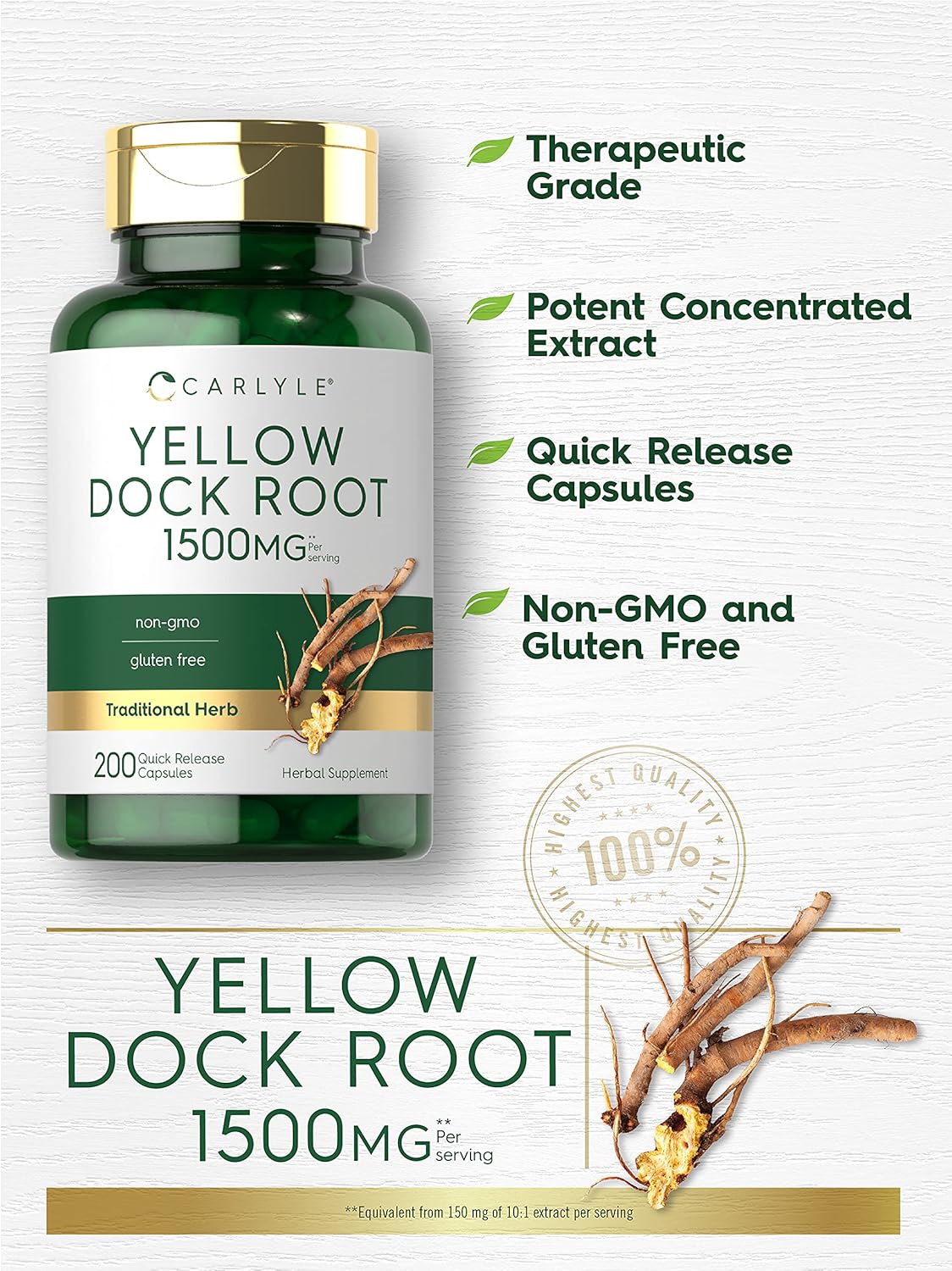 Cápsulas de Raíz de Yellow Dock de Carlyle | 200 Cápsulas | Sin OGM, Sin Gluten | Fórmula de Alta Potencia | Hierba Tradicional