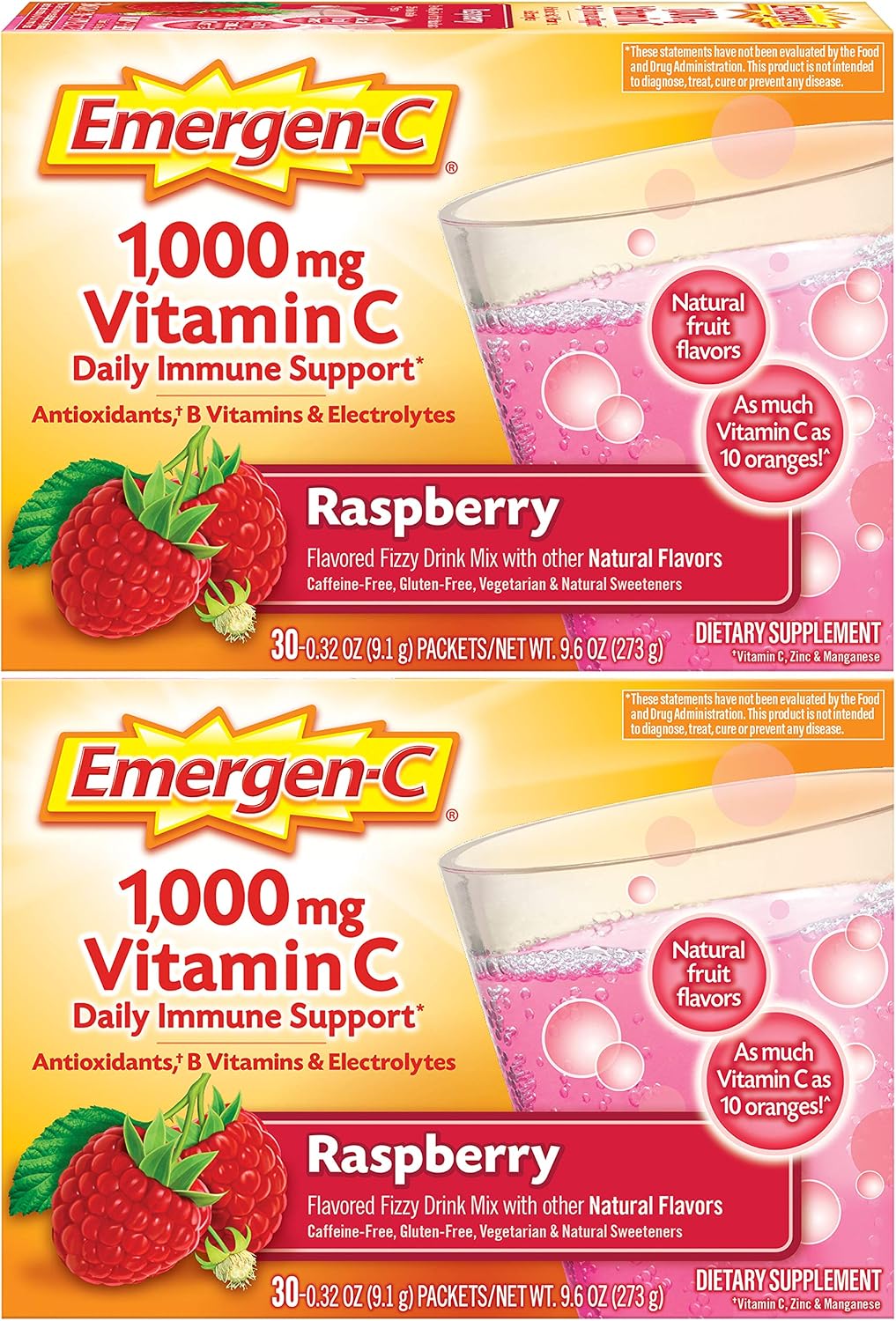 Emergen-C 1000 mg Vitamina C en Polvo, Sabor Frambuesa - 60 Sobres