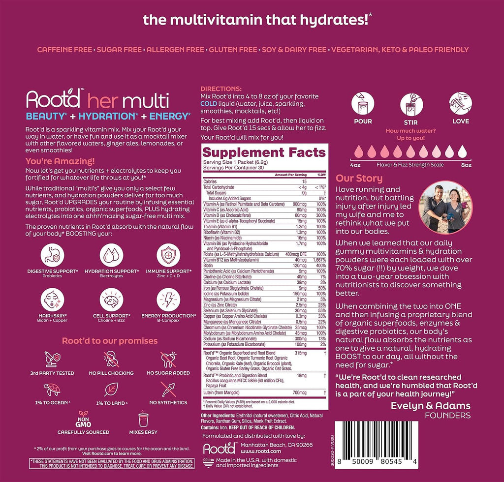 Root'd Multivitamin Powder for Women - 25 Vitaminas y Minerales con 3X Electrolitos, 9 Superalimentos Orgánicos, Probióticos y Enzimas, Sin Azúcar | 30 Sobres