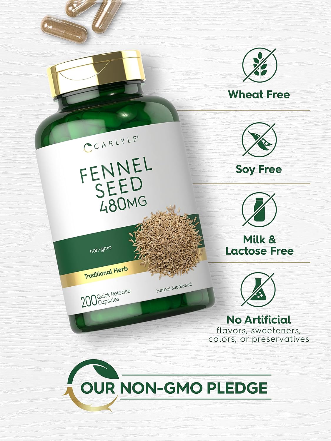 Carlyle Semilla de Hinojo 480mg – 200 Cápsulas – Suplemento Herbal No-GMO