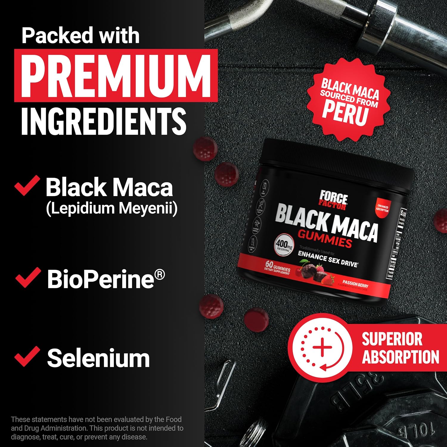 Force Factor Black Maca Gummies - Gominolas de Maca Negra con BioPerine y Selenio
