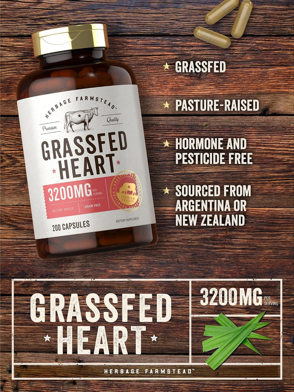 Carlyle Suplemento de Corazón de Res Grass Fed | 3200mg | 200 Cápsulas | Desecado de Animales Criados en Pasto | No OGM, Sin Gluten | por Herbage Farmstead