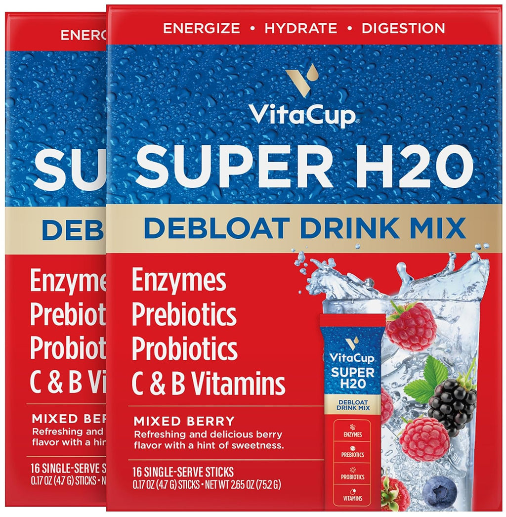 VitaCup Super H2O Mezcla en Polvo para Alivio de la Hinchazón y Salud Digestiva, con Probióticos, Prebióticos, Vitaminas C y B, Sabor a Bayas, 32 Sobres