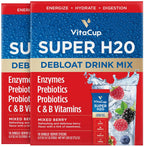 VitaCup Super H2O Mezcla en Polvo para Alivio de la Hinchazón y Salud Digestiva, con Probióticos, Prebióticos, Vitaminas C y B, Sabor a Bayas, 32 Sobres