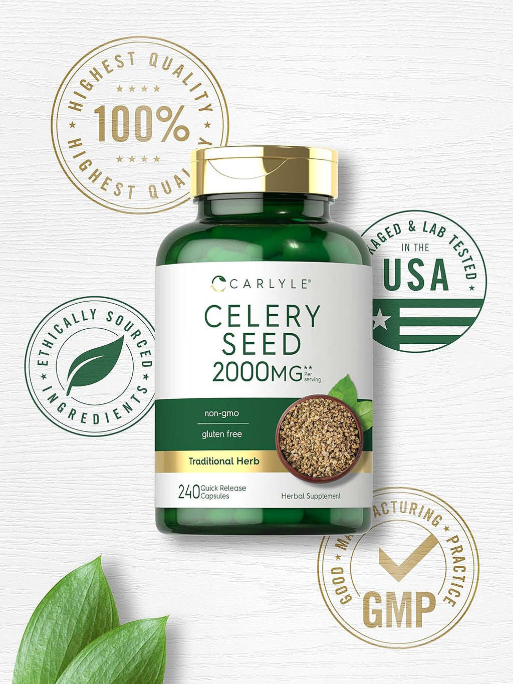 Carlyle Celery Seed Extract Capsules - 240 cápsulas - Suplemento herbal tradicional - Sin OGM y sin gluten