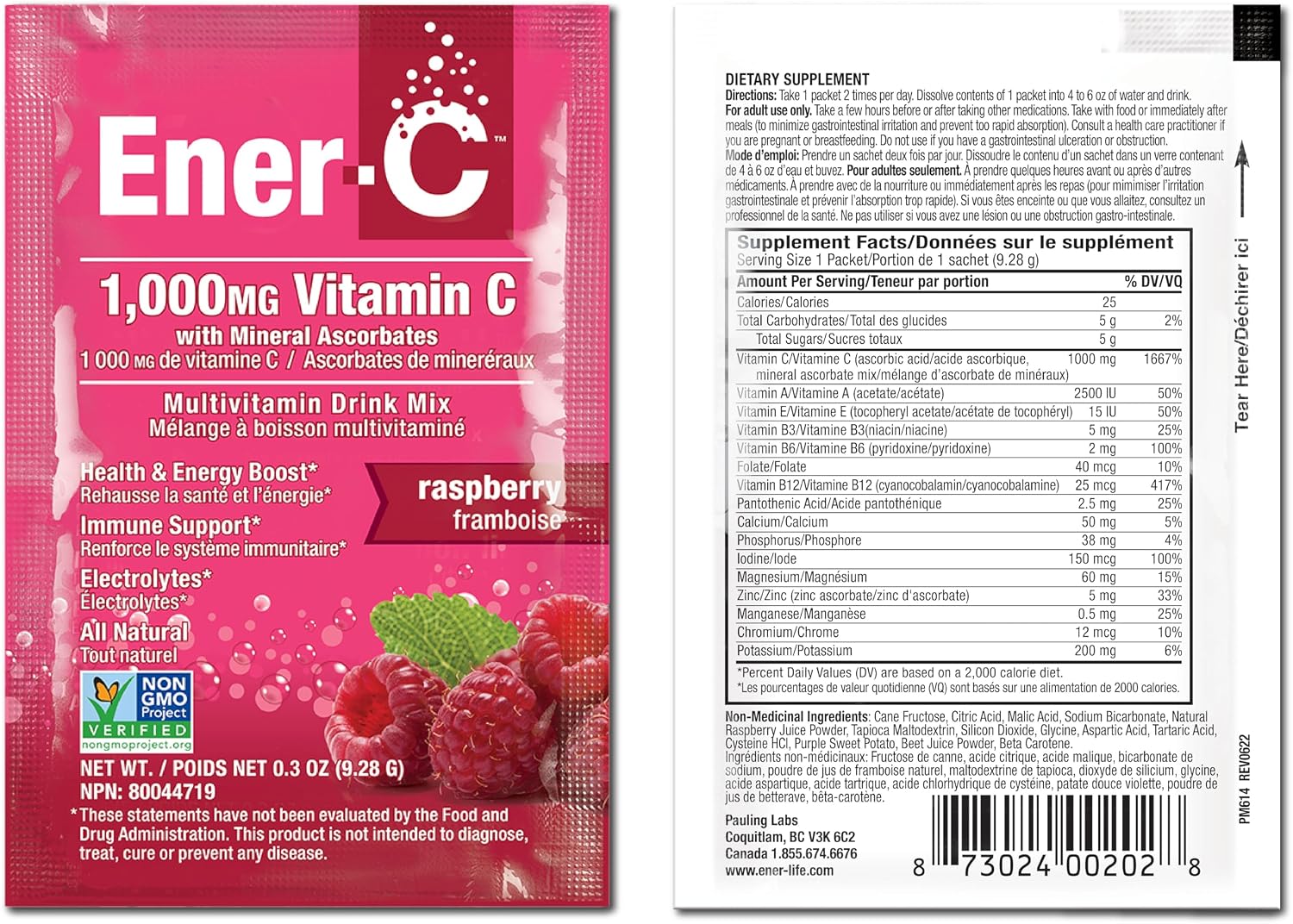 Ener-C Multivitamin Drink Mix - Vitamin C, Electrolyte and B Vitamin Packets - Raspberry Flavor, 60 Count