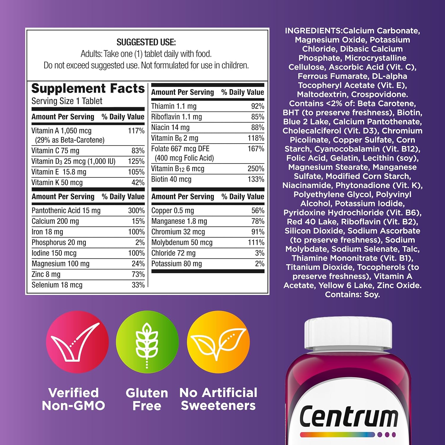 Centrum Multivitamínico para Mujeres con Hierro, Vitamina D3, Vitaminas B y Antioxidantes C y E, Sin Gluten, No Transgénicos - 120 Tabletas