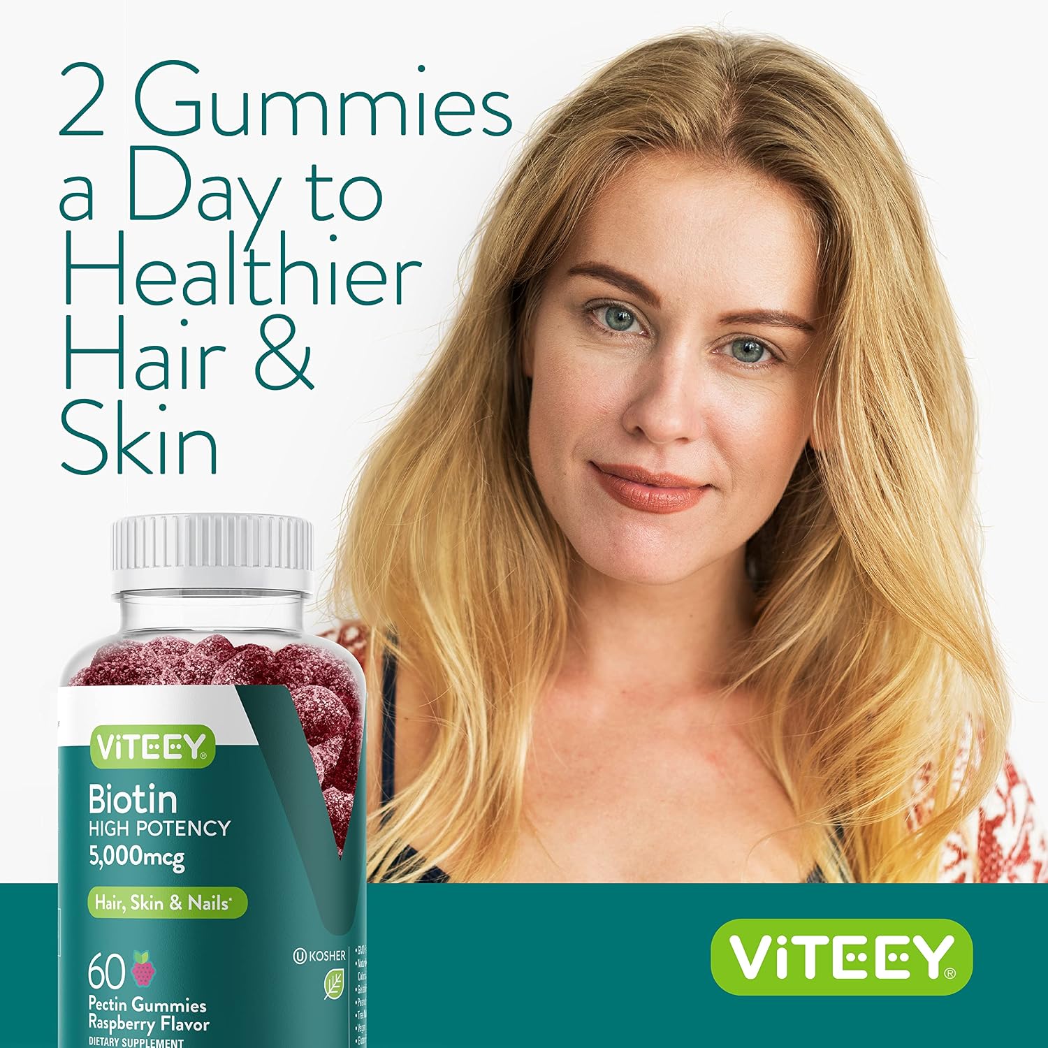 Viteey Biotina Gominolas – 5000 mcg – 120 Gominolas para Cabello, Piel y Uñas