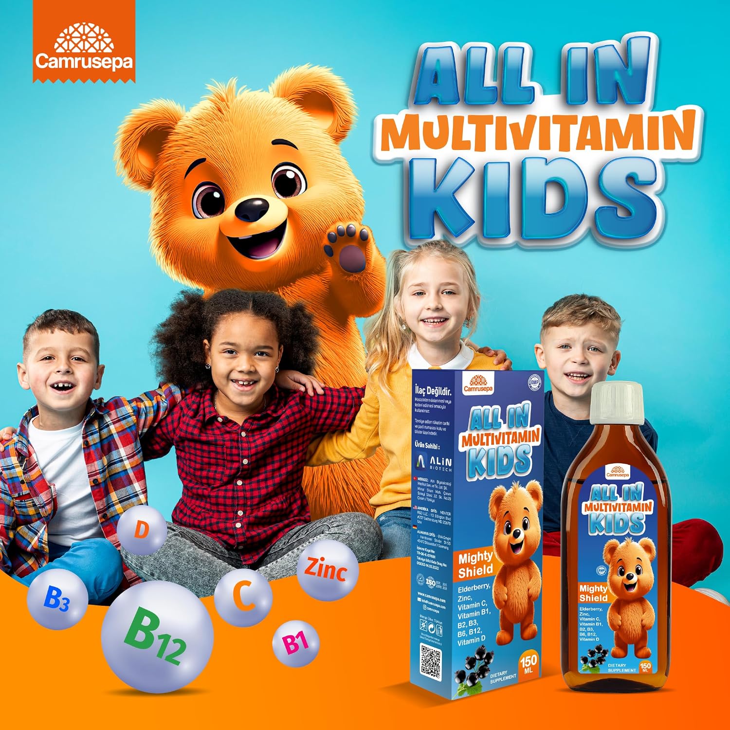 All in Multivitamin Kids Syrup – Black Elderberry Flavored, Inositol, Zinc, Vitamin C, Daily Liquid Multivitamin for Kids Immune, Growth, Appetite, Energy – 150 ml / 5 fl oz