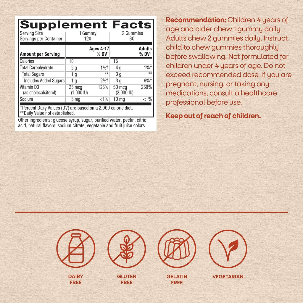 Nature's Way Vitamina D3 Gummies - 2000 IU por dosis (50 mcg) - Sabor a frutas - 120 gomitas