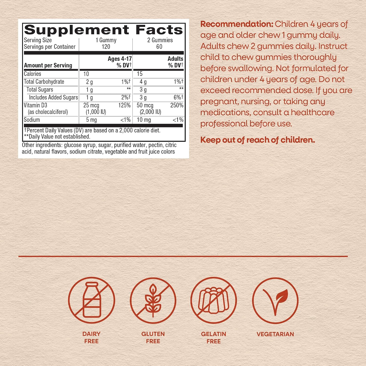 Nature's Way Vitamina D3 Gummies - 2000 IU por dosis (50 mcg) - Sabor a frutas - 120 gomitas