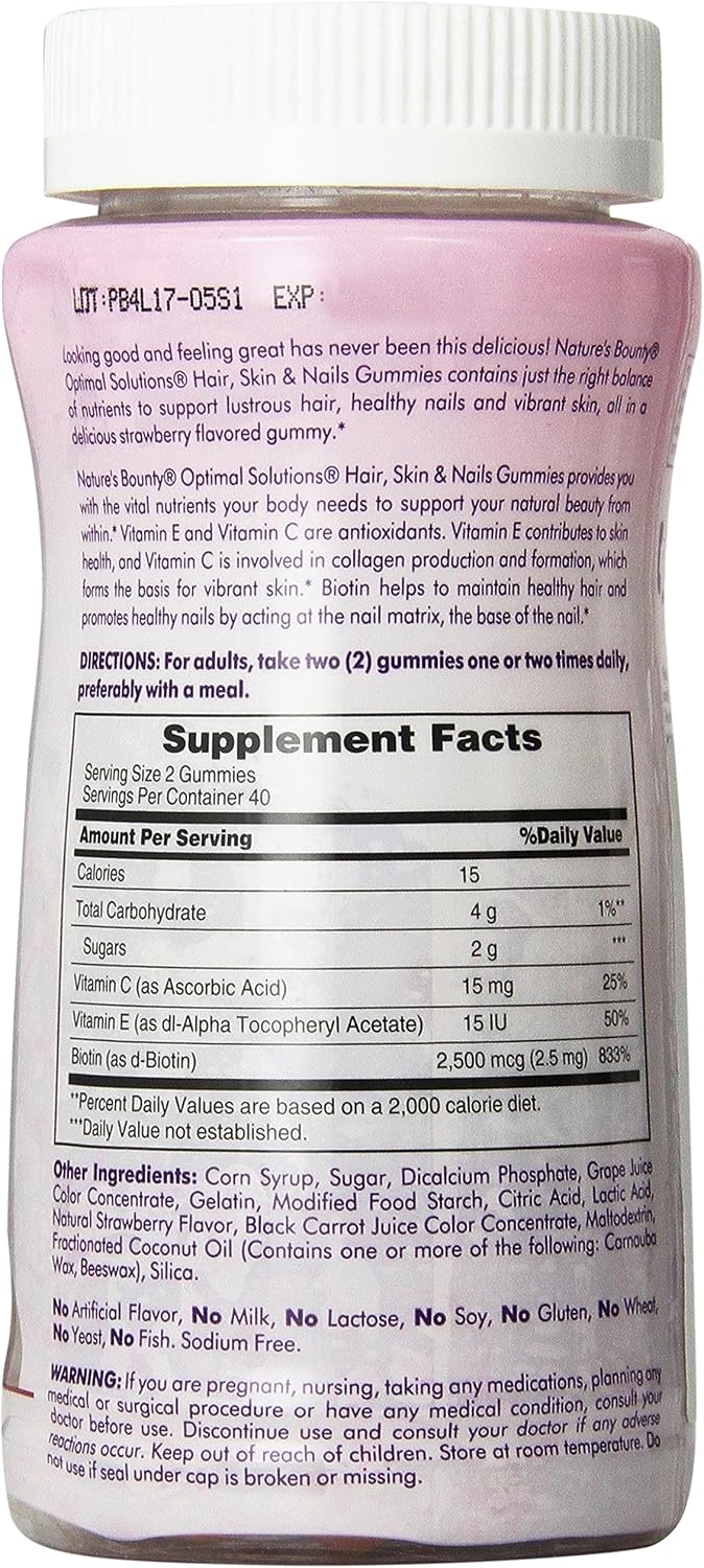 Nature's Bounty Optimal Solutions, Hair, Skin & Nails Gummies with Biotin, 80 Count (Pack of 2)