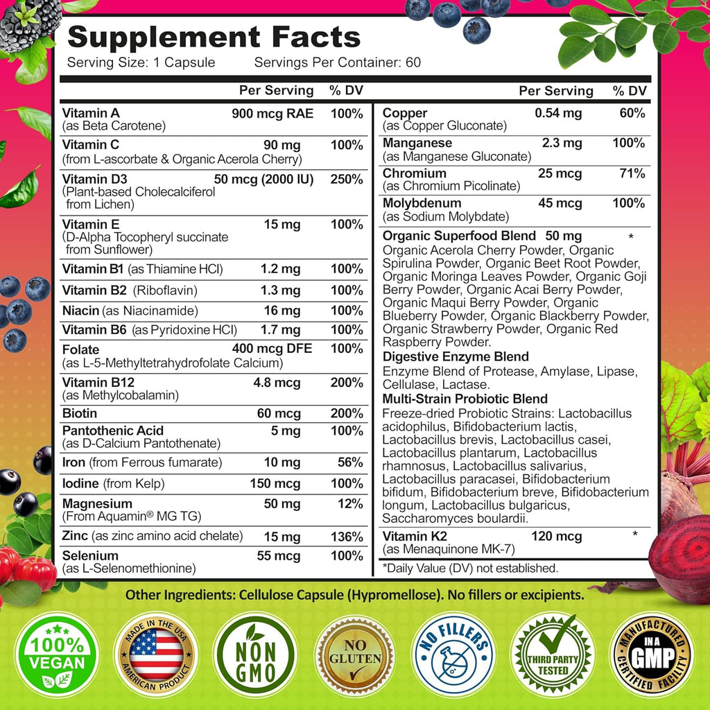 Women's Daily Multivitamin with Iron - Vegan Methylated Multivitamin for Women with Biotin, Organic Superfoods, Probiotics, B-Complex - Energy, Gut & Optimal Health Support – Easy to Swallow Capsules