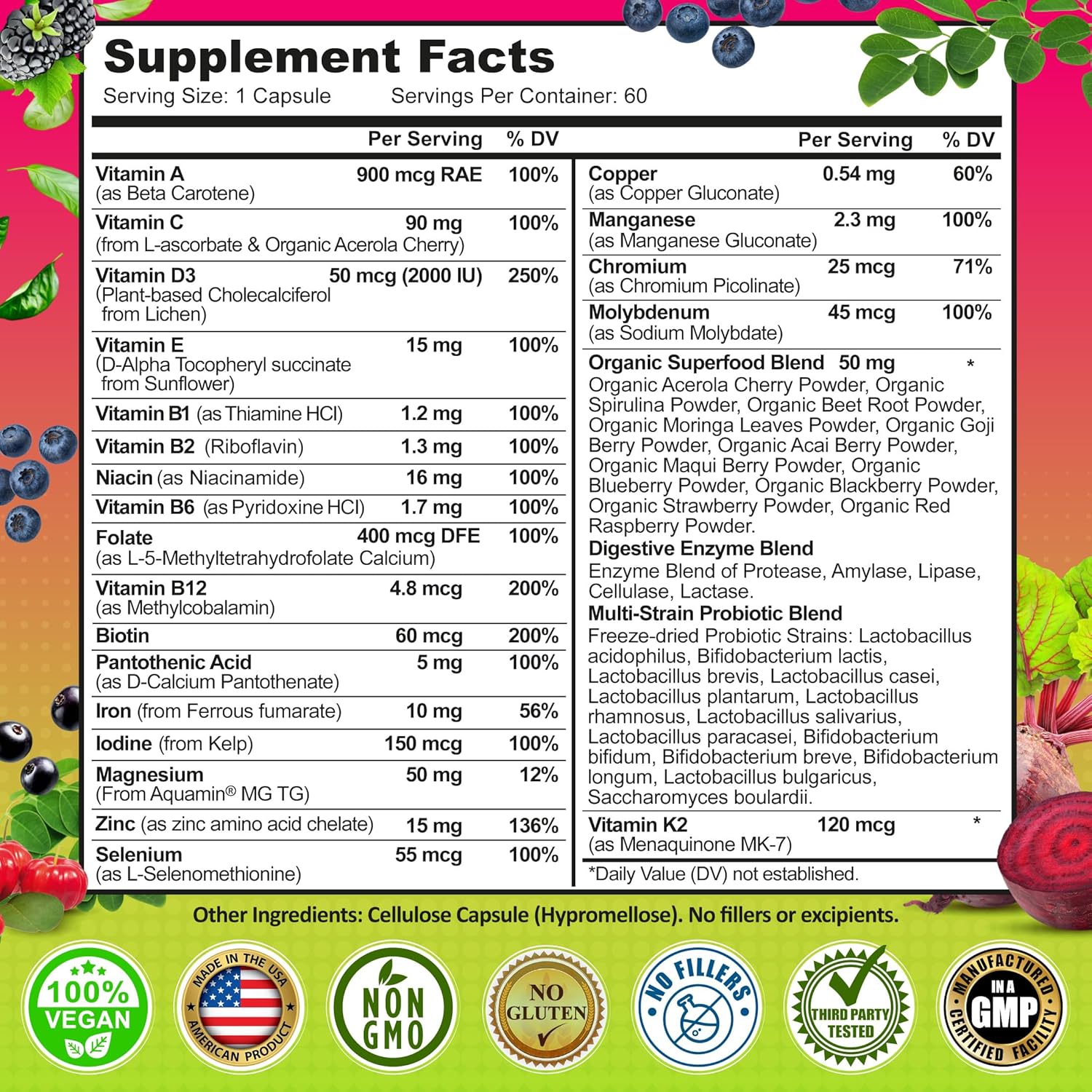 Women's Daily Multivitamin with Iron - Vegan Methylated Multivitamin for Women with Biotin, Organic Superfoods, Probiotics, B-Complex - Energy, Gut & Optimal Health Support – Easy to Swallow Capsules