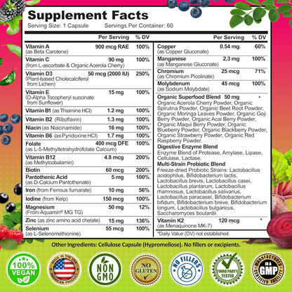 Women's Daily Multivitamin with Iron - Vegan Methylated Multivitamin for Women with Biotin, Organic Superfoods, Probiotics, B-Complex - Energy, Gut & Optimal Health Support – Easy to Swallow Capsules
