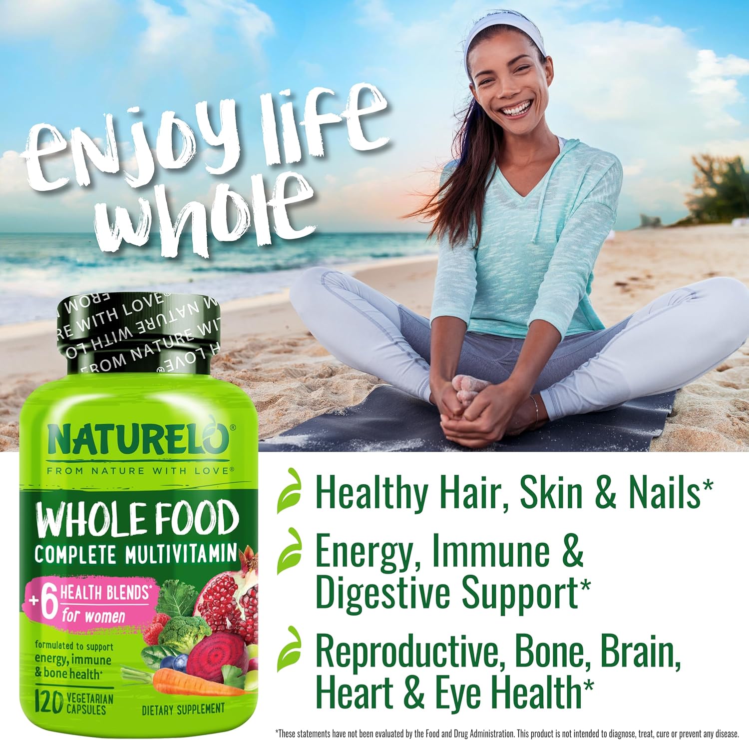 NATURELO Whole Food Multivitamin for Women - 120 Vegan Capsules with Vitamins, Minerals, and Organic Extracts