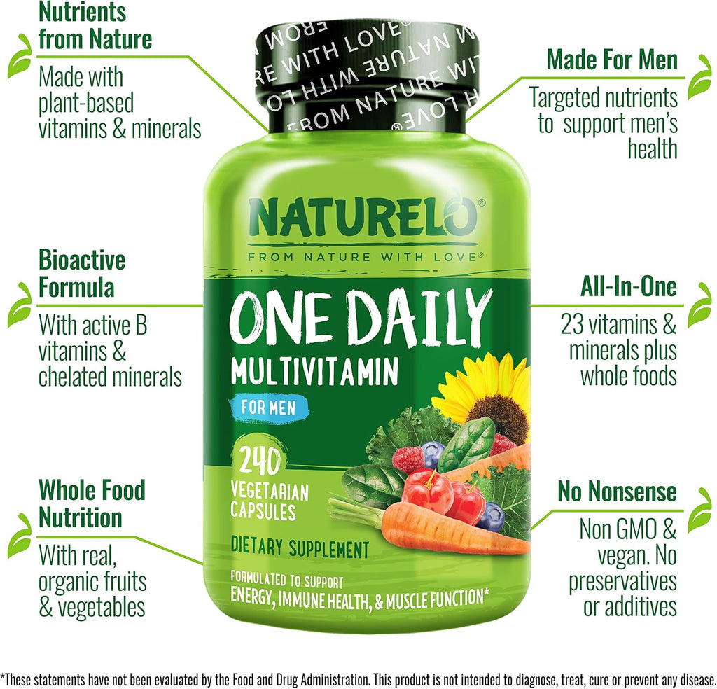 NATURELO Multivitamínico Diario para Hombres con Vitaminas, Minerales y Alimentos Integrales Orgánicos - 240 Cápsulas Vegetarianas