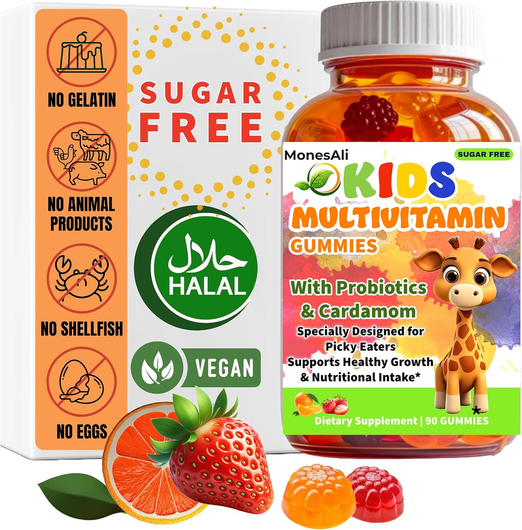 Kids Multivitamin Gummies con Magnesio y Probióticos - Vegano, Sin Gelatina, Halal, Sabores Naranja y Fresa, 90 Unidades