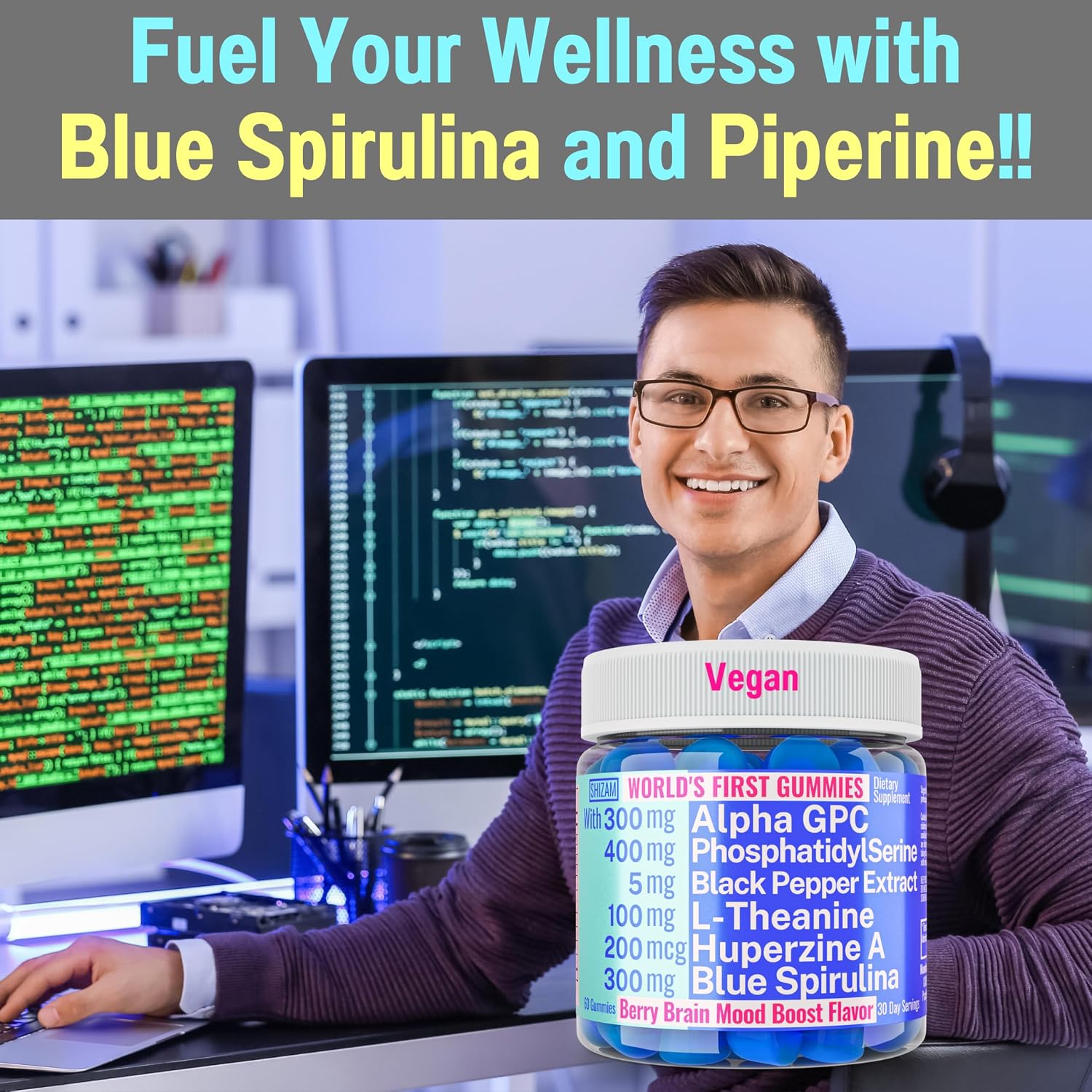 SHIZAM Gominolas Brain Elevator 6 en 1: Alpha GPC, Huperzina A, Fosfatidilserina, L-Teanina, Espirulina Azul y Bioperina