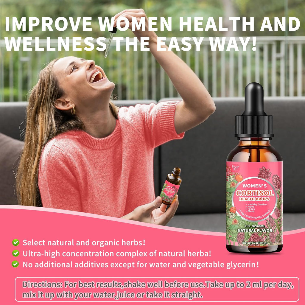 Hudetex Cortisol Supplements for Women Liquid Drops - With Ashwagandha, L-theanine, Phosphatidylserine, Rhodiola Rosea, Plus Black Pepper, Vegan, Natural Flavor, 2 Fl Oz (60 ml)