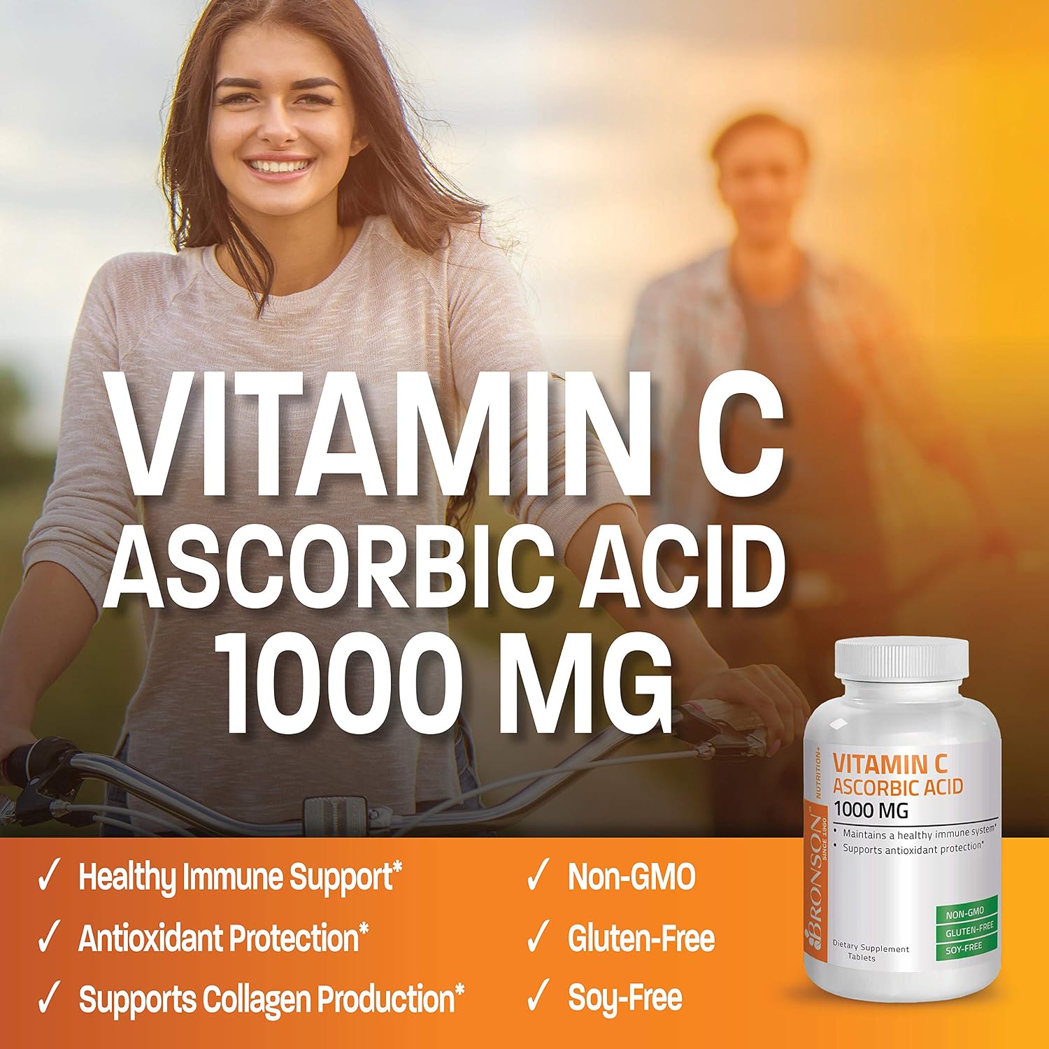 Bronson Vitamina C 1000 mg - Ácido Ascórbico Premium Sin OGM, 100 Comprimidos