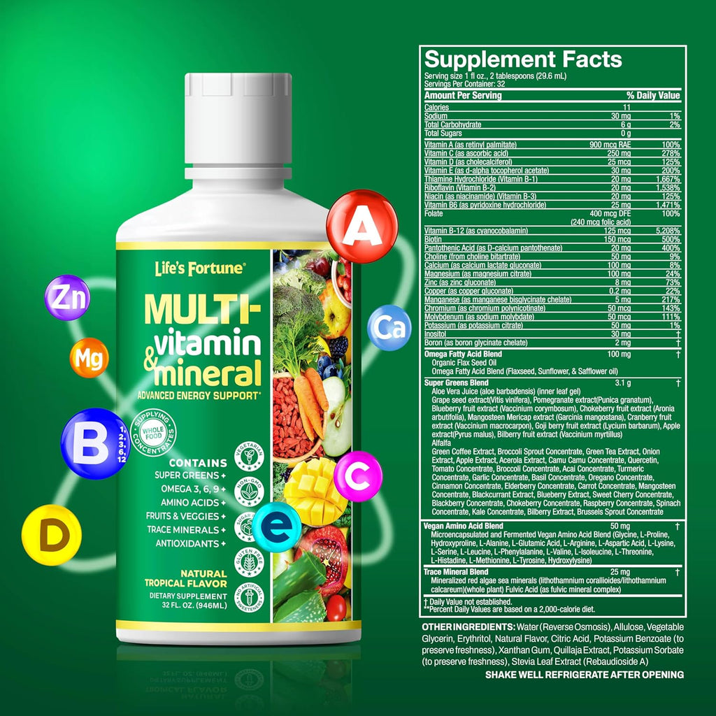 Life's Fortune Multivitamínico Líquido para Adultos y Mayores – 90+ Nutrientes, Sabor Tropical, 946 ml