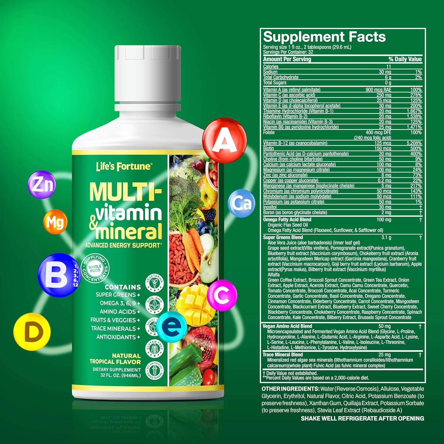 Life's Fortune Multivitamínico Líquido para Adultos y Mayores – 90+ Nutrientes, Sabor Tropical, 946 ml