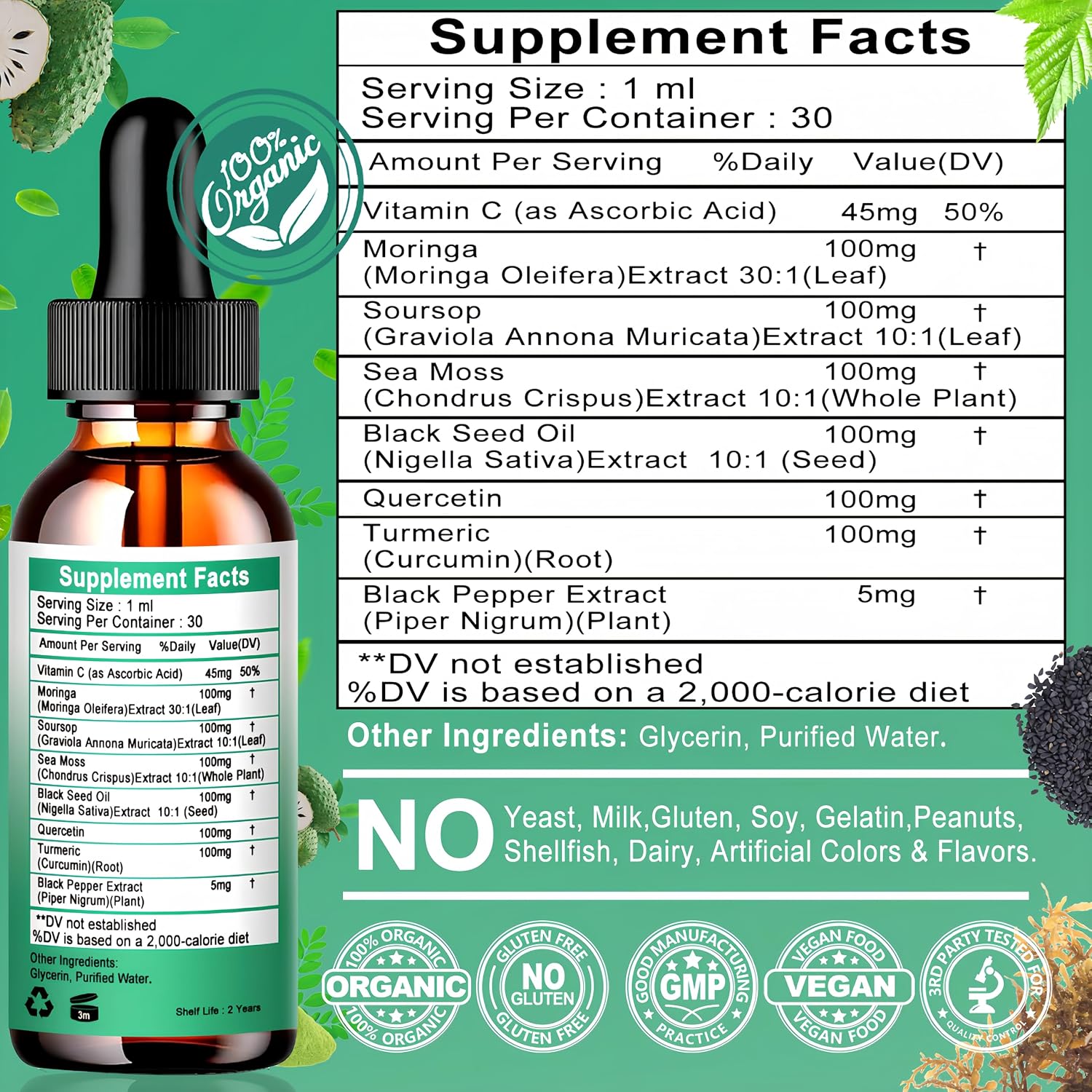 Moringa Drops – Extracto Líquido Puro de Moringa Oleifera con Soursop, Sea Moss, Aceite de Semilla Negra, Quercetina y Cúrcuma | Suplemento Superfood Multimineral y Vitaminas