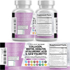 Clean Nutraceuticals Colágeno con Biotina 10000mcg, Queratina, Saw Palmetto, Ácido Hialurónico - 90 Cápsulas