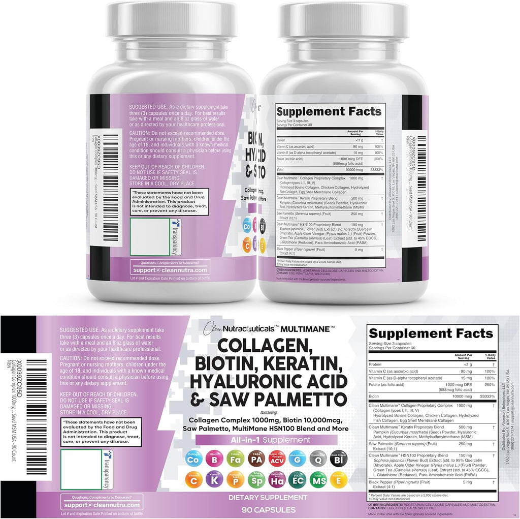 Clean Nutraceuticals Cápsulas de Colágeno 1000mg con Biotina 10000mcg, Keratina, Saw Palmetto y Ácido Hialurónico - 90 Cápsulas