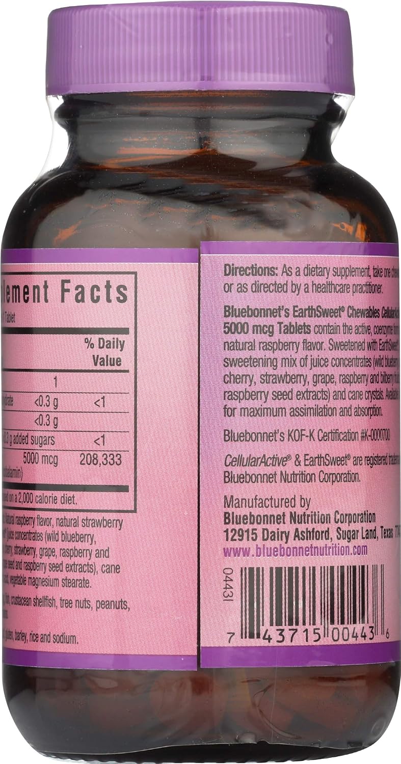 BlueBonnet Nutrition Masticables Earth Sweet, Metilcobalamina CellularActive, Frambuesa, 5,000 mcg, 60 Tabletas Masticables