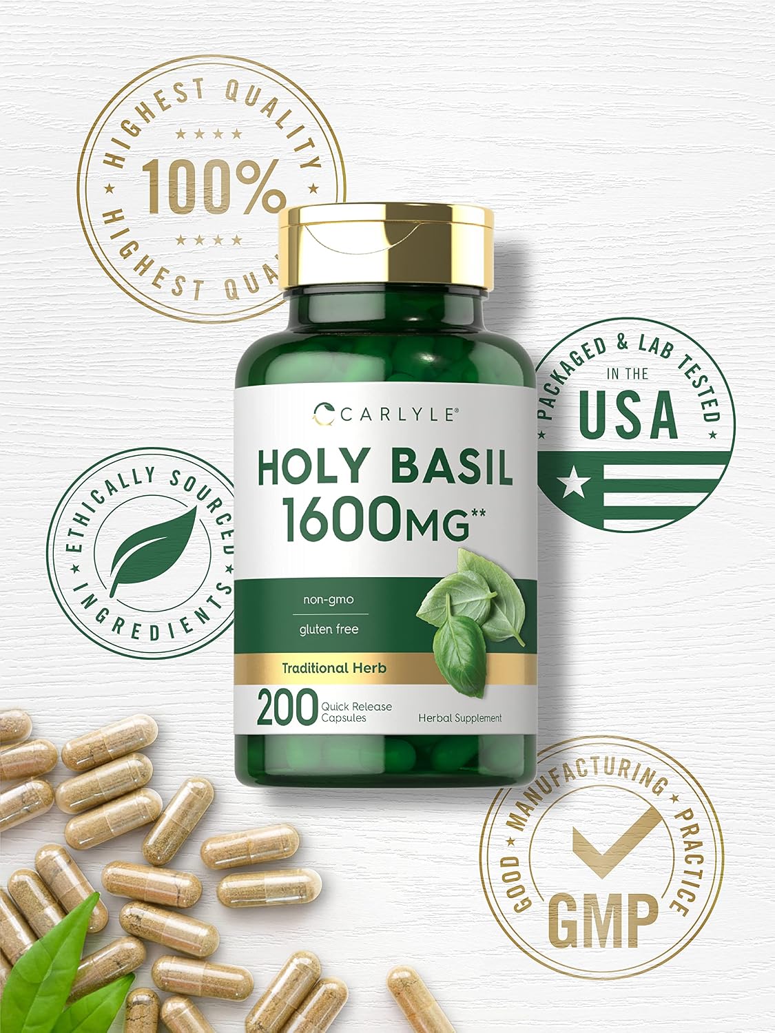 Carlyle Cápsulas de Albahaca Santa (Tulsi) | 200 Unidades | Extracto de Hoja de Tulsi | Suplemento Herbal | No-GMO, Sin Gluten