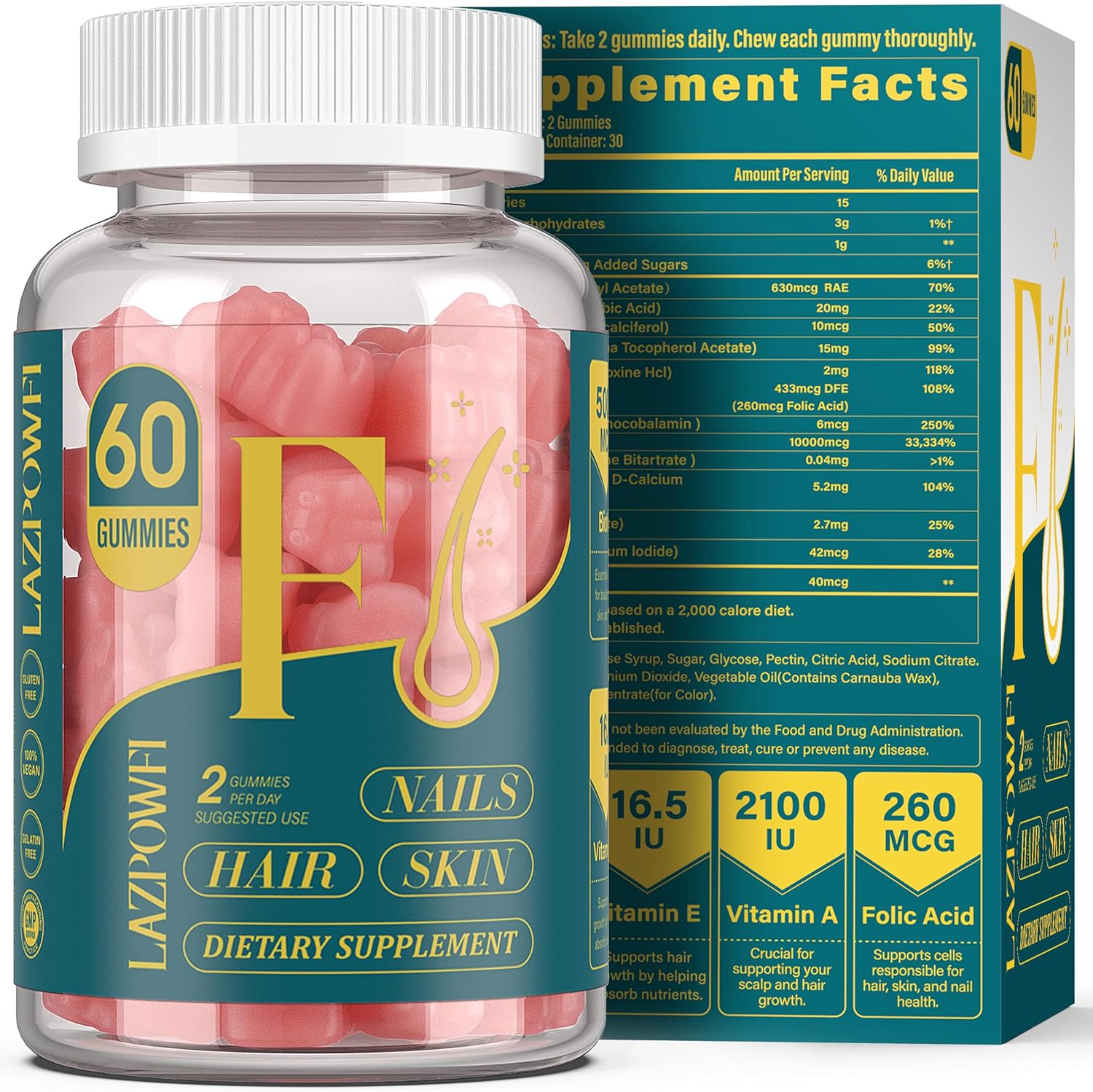 Lazpowfi Biotin Gummies - Gominolas de Biotina para Cabello, Piel y Uñas, Vegano, 60 unidades