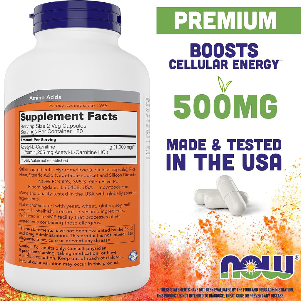 NOW Foods Acetil L-Carnitina 500 mg, 360 Cápsulas Vegetales - No OGM