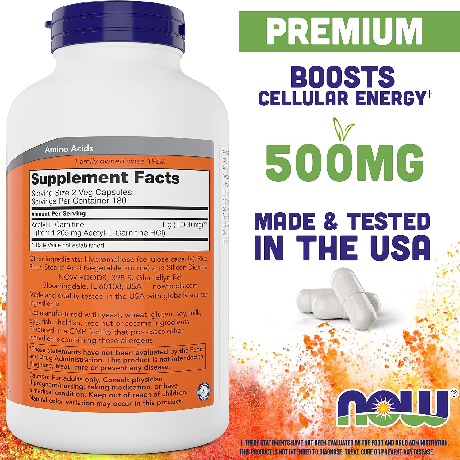 NOW Foods Acetil L-Carnitina 500 mg, 360 Cápsulas Vegetales - No OGM