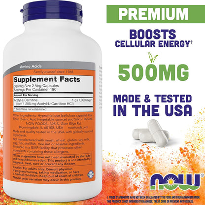 NOW Foods Acetil L-Carnitina 500 mg, 360 – Dosis por porción: 2 cápsulas proporcionan 1000 mg de ALC. – Image 2