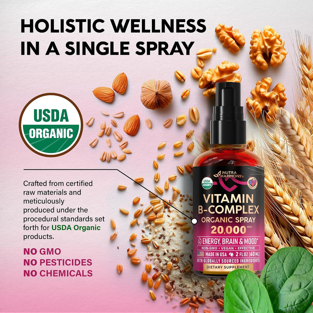Spray de Complejo B Orgánico USDA - 8 Vitaminas B - Sabor Bayas - 60 ml