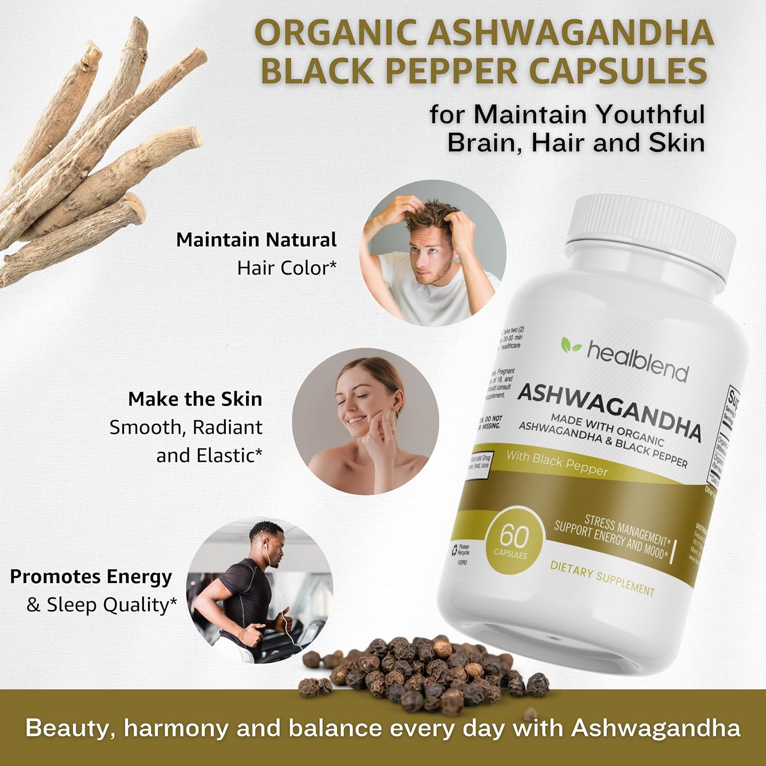 Organic Ashwagandha 1300mg con extracto de pimienta negra - Suplemento para el estado de ánimo y energía - 60 cápsulas