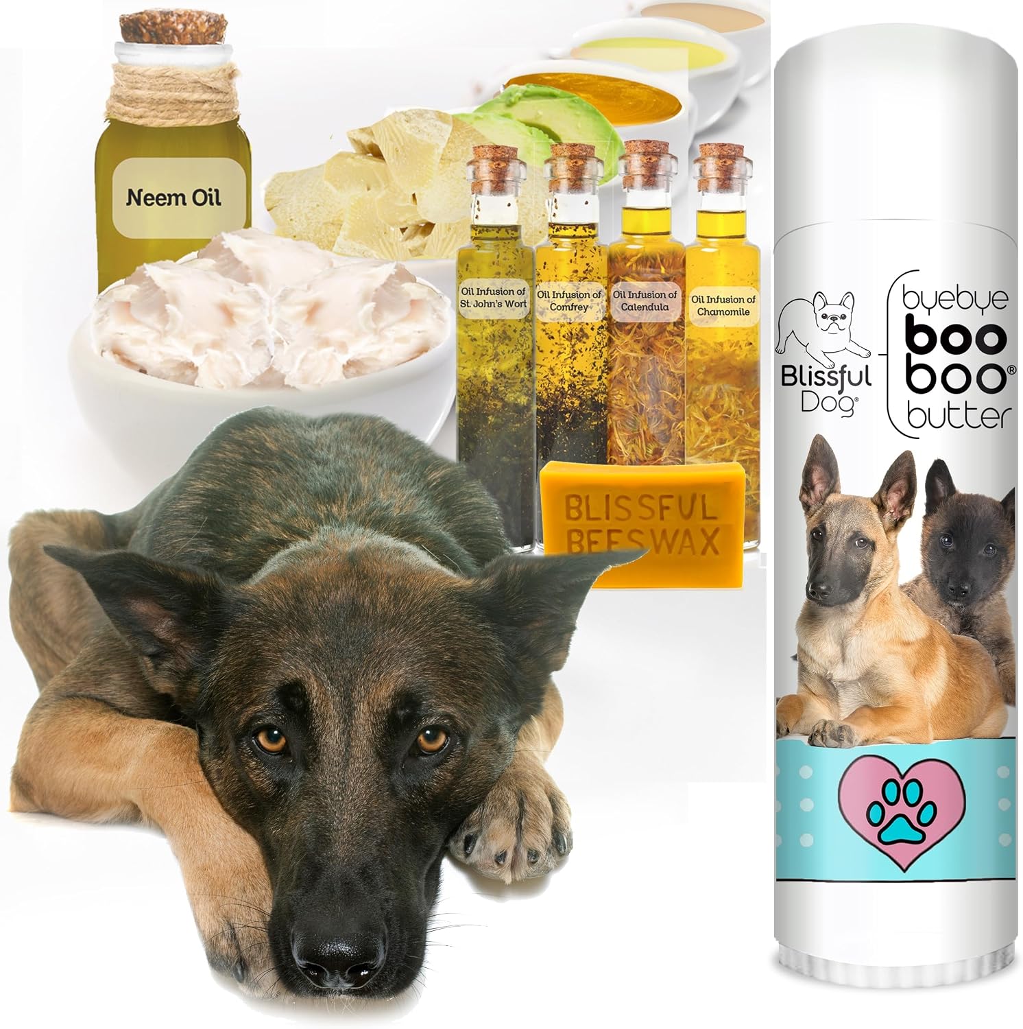 The Blissful Dog Tubo de 0.50 oz Mantequilla para Rasguños Booboo Belgian Malinois