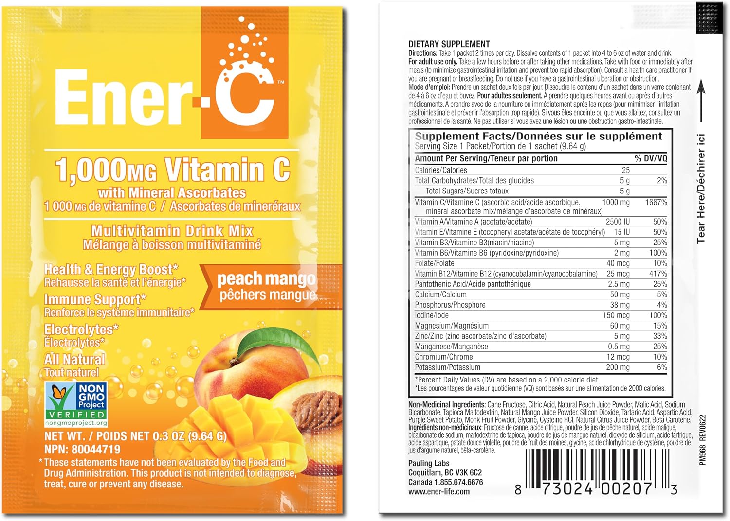 Ener-C Mezcla Multivitamínica para Bebida, Sabor Melocotón Mango, 30 Sobres