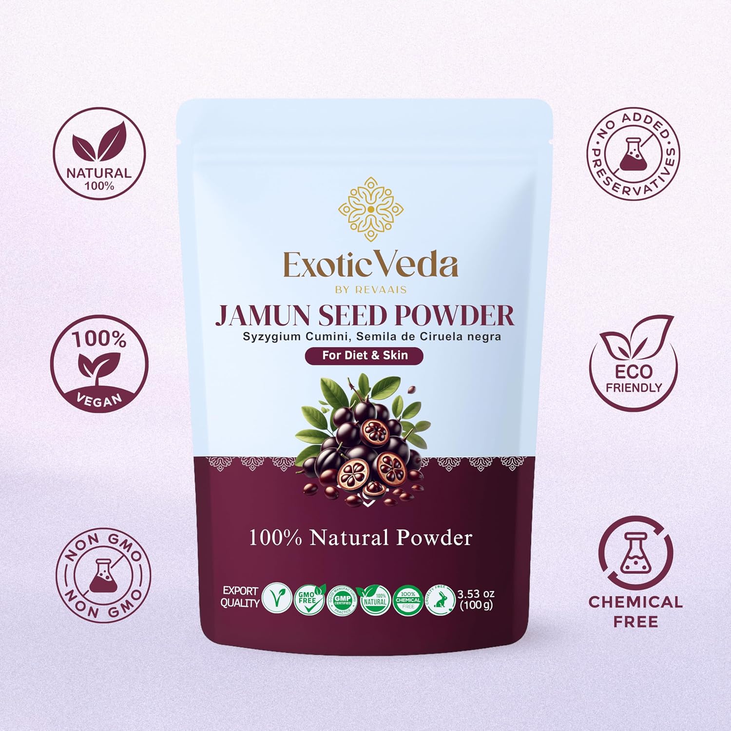 Exotic Veda Polvo de Semillas de Jamun – 100% Puro (Eugenia Jambolana) | Vegano, Sin Gluten, No Transgénico | Para Batidos, Cocina y Mascarillas – 100g