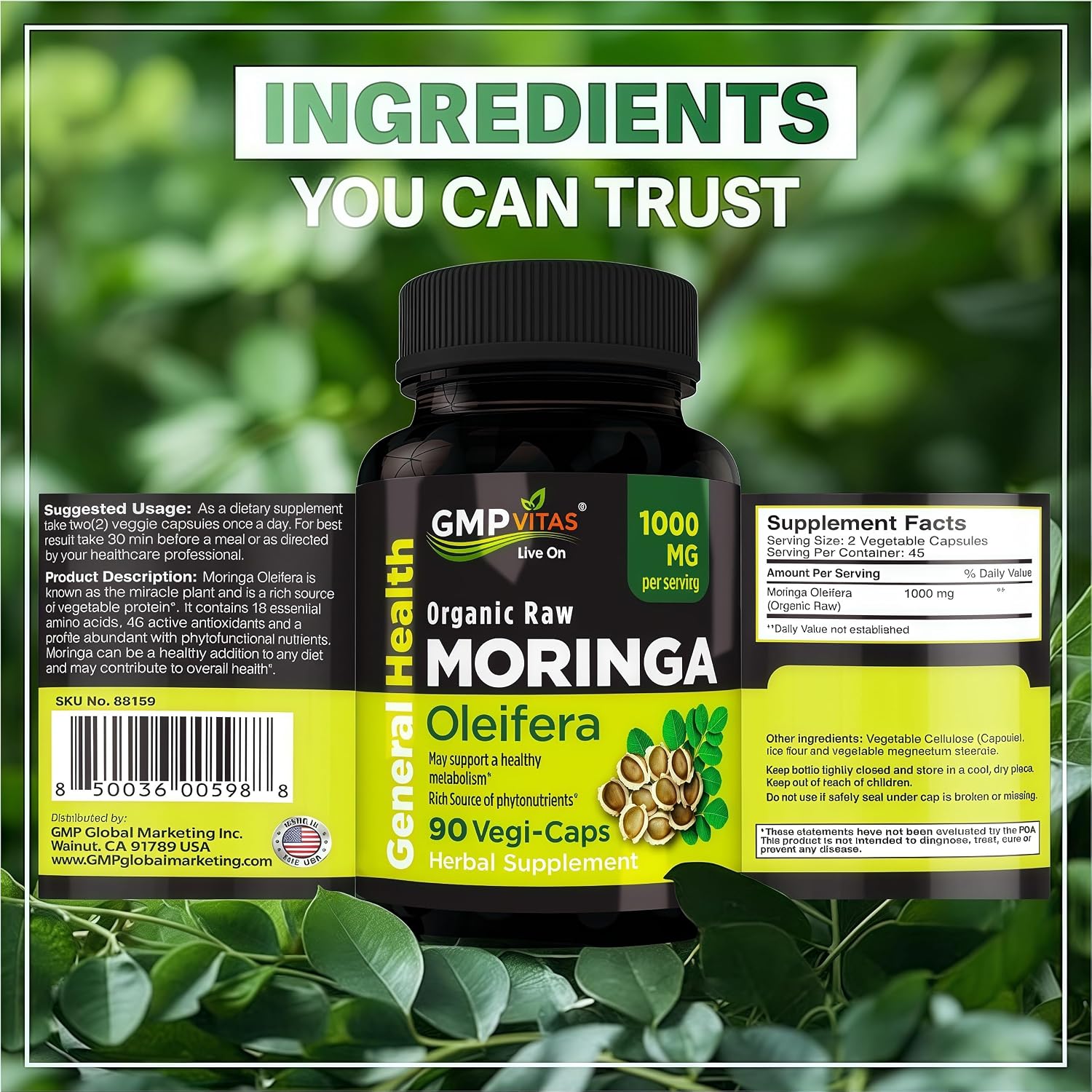 Cápsulas de Moringa Orgánica 1000mg - Suplemento Puro de Hoja de Moringa