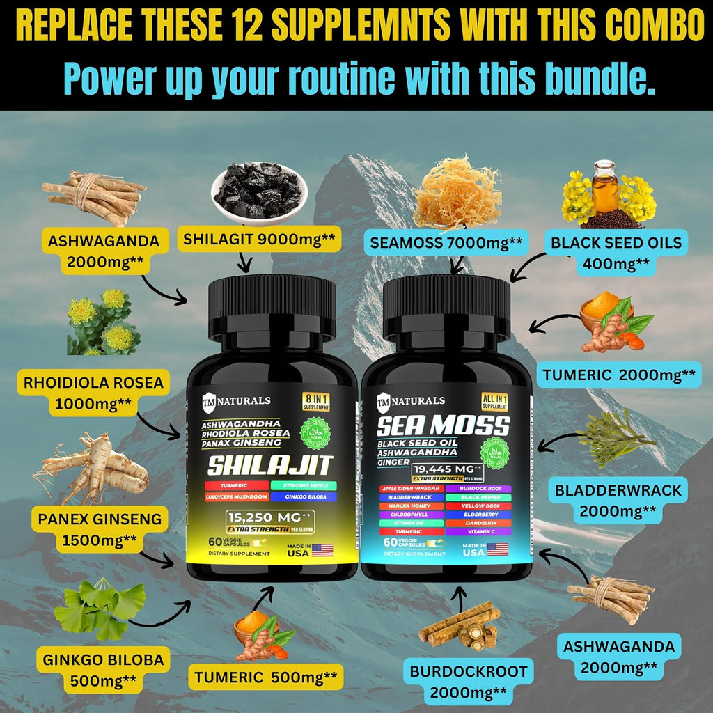 TM NATURALS Cápsulas de Sea Moss, Black Seed Oil, Ashwagandha y Jengibre - 240 cápsulas