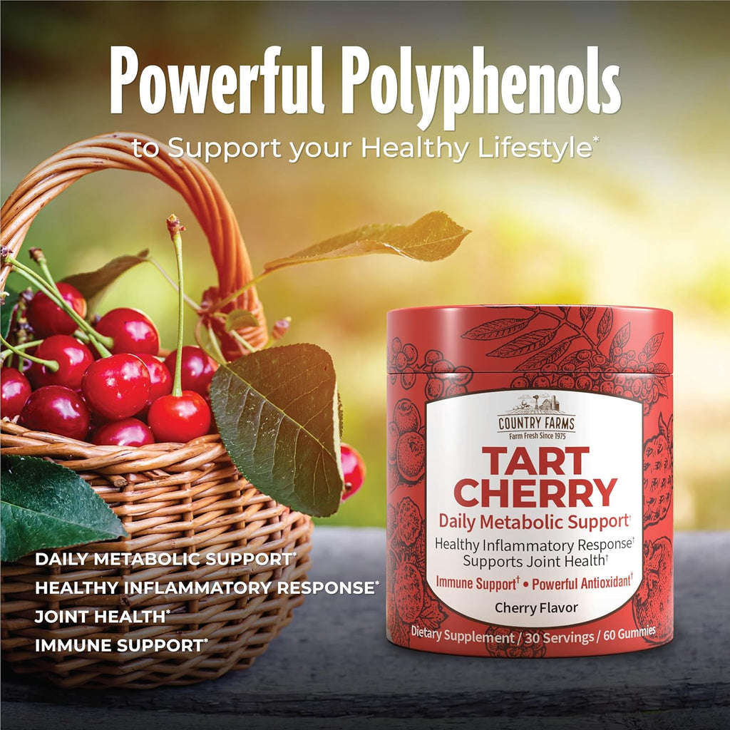 Country Farms Gominolas de Cereza Ácida – Apoyo Metabólico y Óseo, Antioxidantes, 60 Gominolas