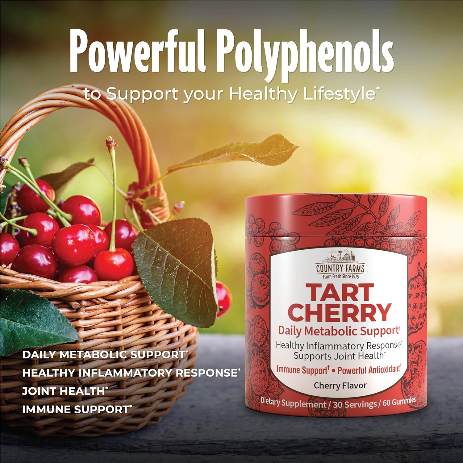Country Farms Gominolas de Cereza Ácida – Apoyo Metabólico y Óseo, Antioxidantes, 60 Gominolas
