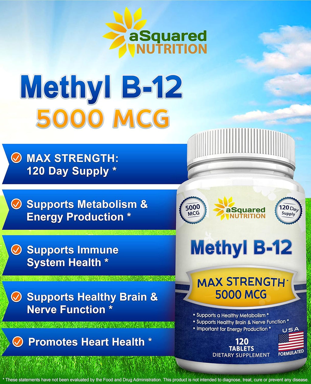 aSquared Nutrition Vitamin B12 5000 mcg with Methylcobalamin - 120 Tablets