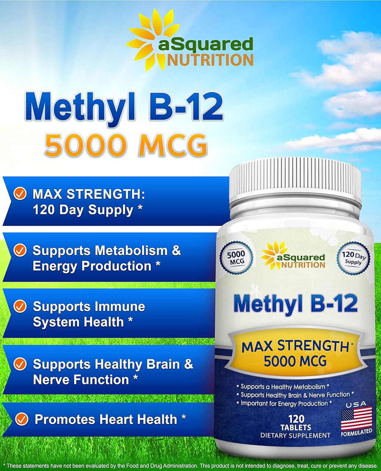 aSquared Nutrition Vitamin B12 5000 mcg with Methylcobalamin - 120 Tablets