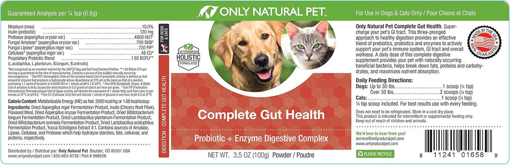 Only Natural Pet Complete Gut Health Complex - Probiotics and Digestive Enzymes for Dogs and Cats - 100 Grams Powder