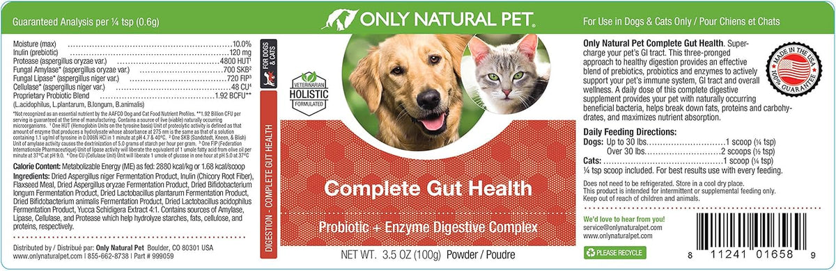 Only Natural Pet Complete Gut Health Complex - Probióticos y Enzimas Digestivas para Perros y Gatos - 100 gramos en polvo – Image 5