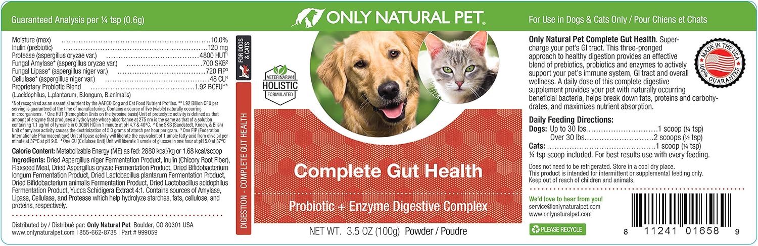 Only Natural Pet Complete Gut Health Complex - Probiotics and Digestive Enzymes for Dogs and Cats - 100 Grams Powder